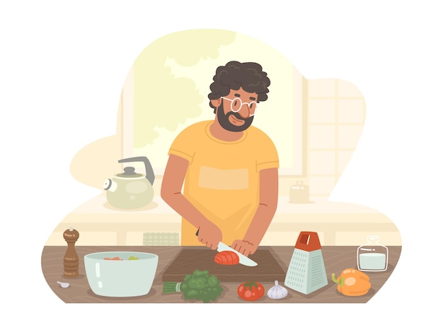 Vector spaanse man bereidt diner keuken thuiskok snijdt groenten bereiden salade _ai_generated