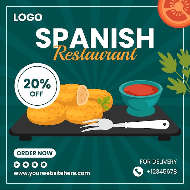 Spaanse restaurant Social Media Illustratie Flat Cartoon Handgetekende sjablonen achtergrond