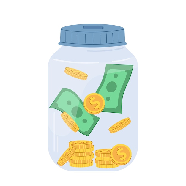 Spaarpot Gelddoos glas met bankbiljetten en munten Vector platte illustratie