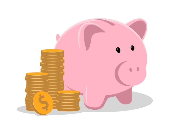 Spaarvarken met munt vectorillustratie. Geld sparen, beleggen en accumuleren. Varken in een vlakke stijl.