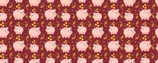spaarvarken naadloos patroon schattig varken met munten patroon rood patroon met een varken voor inpakpapier