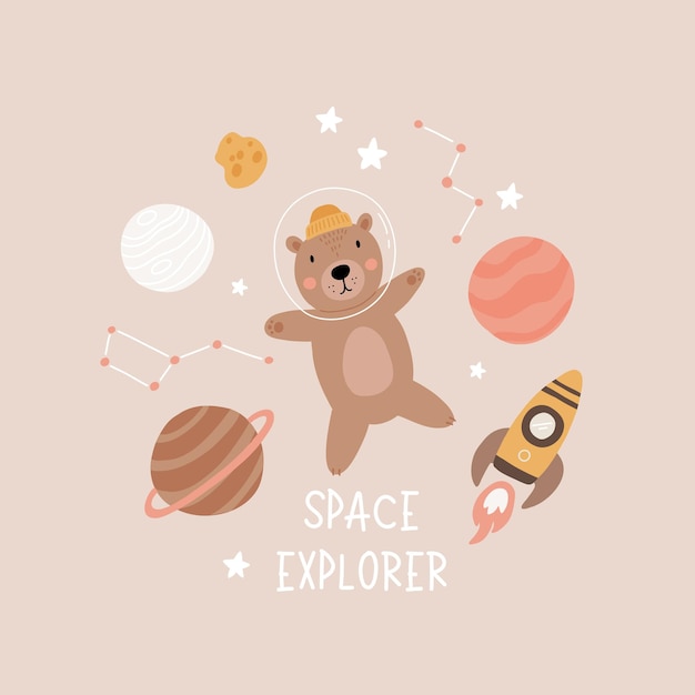 Space adventure brown bear Cartoon bear hand drawing lettering decor elements Pastel vector illustration for kids Scandinavian flat style baby design for cards posters tshirt print