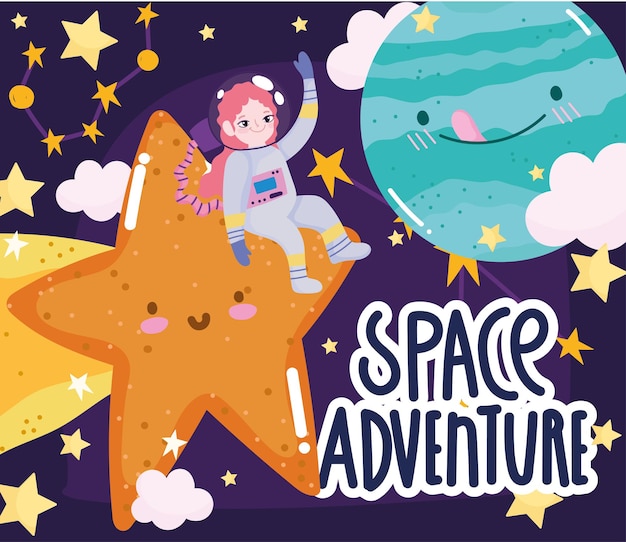 Space adventure cute cartoon astronaut girl shooting star planets and clouds