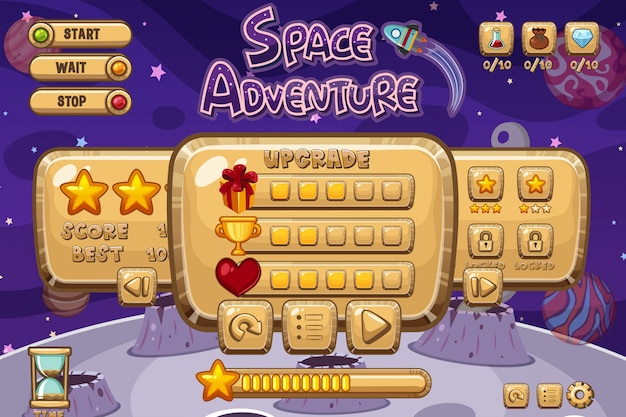 Space adventure game sjabloon met paarse ster