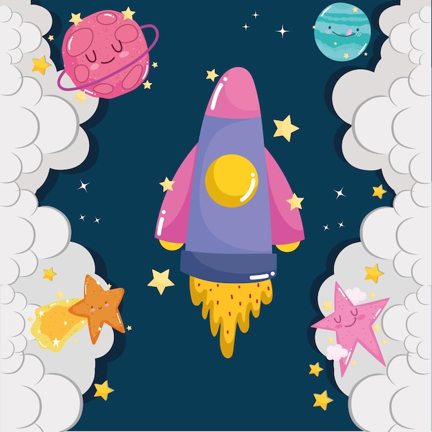 Space adventure launch spaceship planet clouds cute cartoon