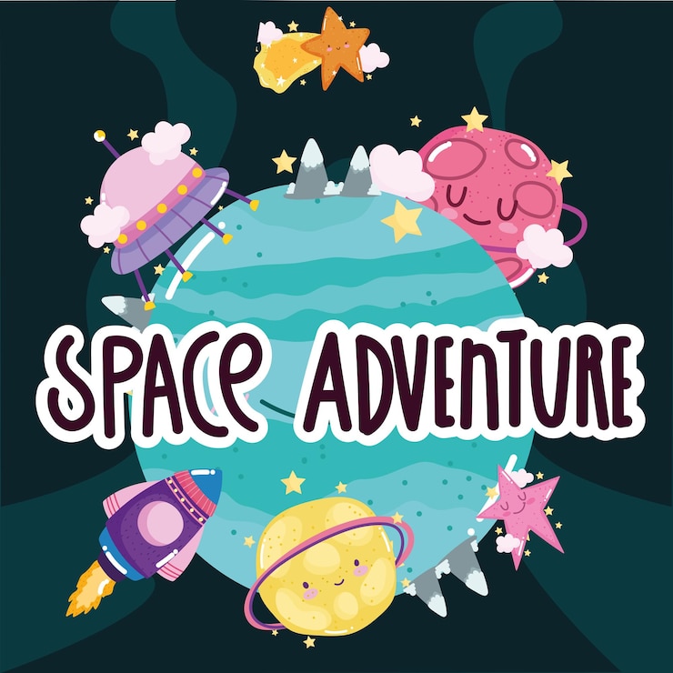 Vector space adventure spacecraft planet ufo star surface explore cute cartoon