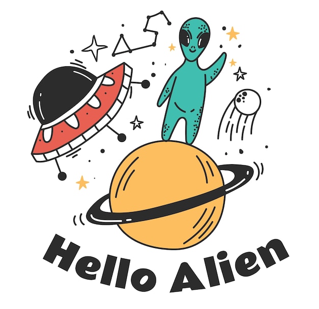 Космический инопланетный персонаж, галактика, планета, логотип, футболка с принтом, концепция космоса, графический дизайн