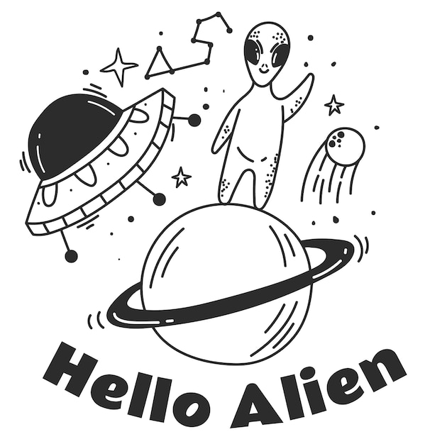 Space alien character galaxy planet logo t shirt print cosmos concept