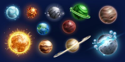 Vector space alien planet vector icon set game ui fantasy galaxy sphere kit ice surface asteroid sun