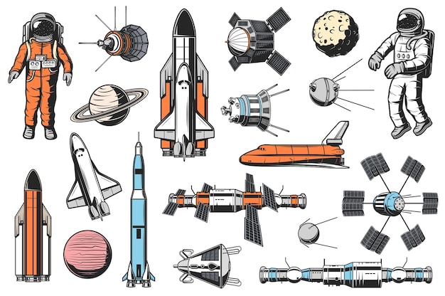 ベクトル 宇宙と天文学のレトロなアイコン ベクトル セット