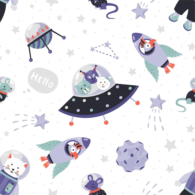 Space animals pattern. cute cartoon astronauts seamless pattern.
