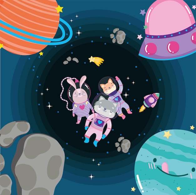 Vector space animals in spacesuit and planets adventure explore cartoon  illustration