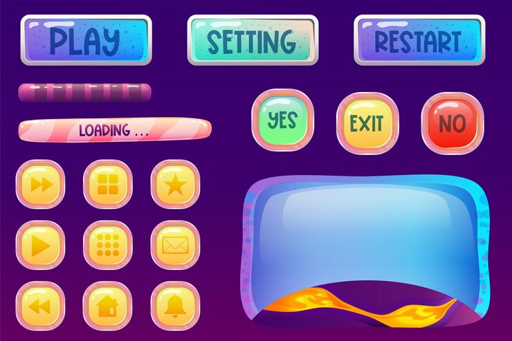 Vector space assets game ui interface kit with button and screen isolated cartoon vector illustration mobile web design game elements set menu app play template space interface