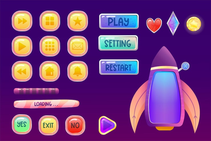 Vector space assets game ui interface kit with button and screen rocket isolated cartoon vector illustration mobile web design game elements set menu app play template space interface