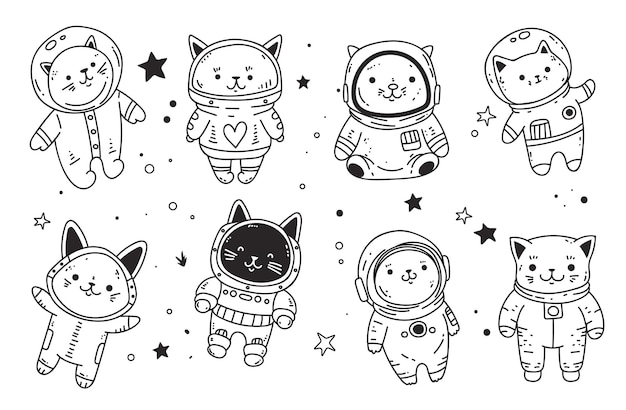 우주 비행사 공간 귀여운 고양이 애완 동물 라인 아트 고립 된 개념 세트 그래픽 디자인 요소