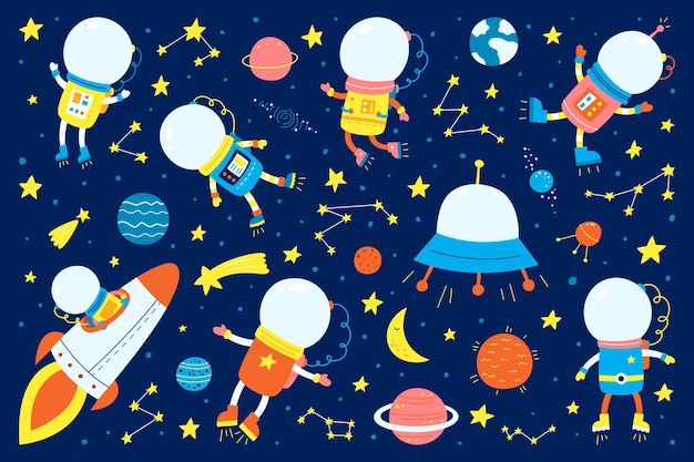 Vector space and astronauts with planets.