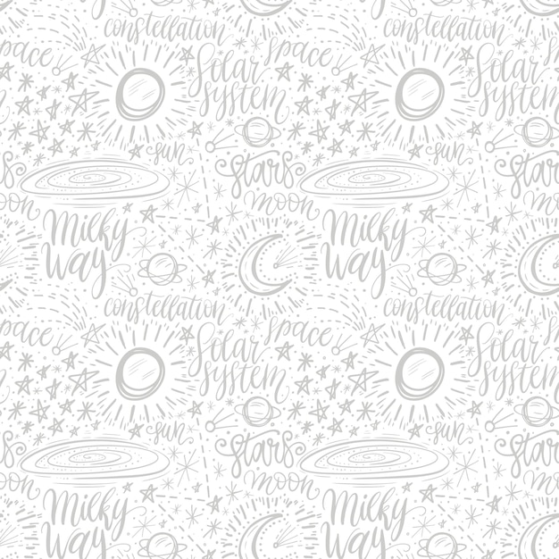 Space astronomy cute cartoon hand drawn seamless pattern Decorative hand lettering