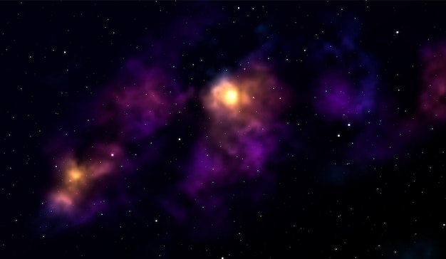 Космический фон Фантастический внешний вид с реалистичными яркими звездами и скоплением газовых облаков. Вселенная с туманностями, галактиками и звездными скоплениями. Бесконечные космические просторы. Векторная иллюстрация
