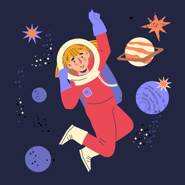 Space background with child astronaut among stars and planets in zero gravity vector