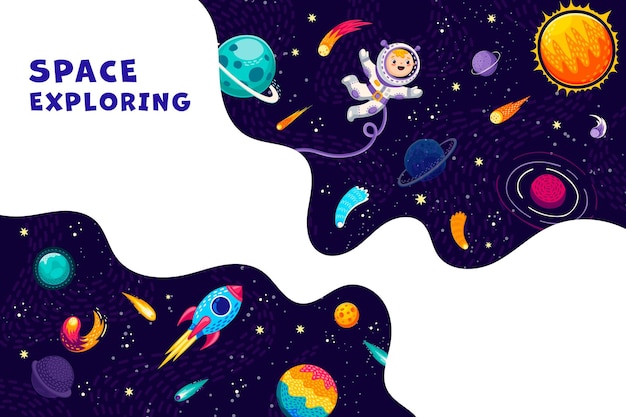 Космический баннер с ребенком-астронавтом ракеты планеты и звездная галактика вектор мультфильм смешной космонавт плавает в невесомости в галактике в инопланетном небесном мире пейзаж с звездами астероидами или кометами