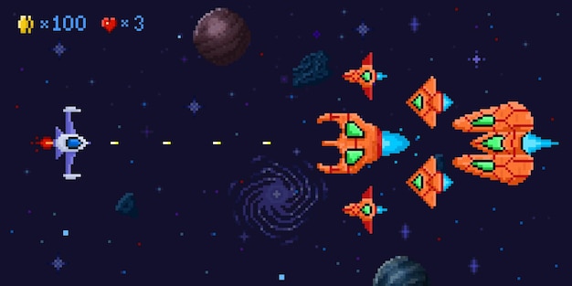 Vector space battle arcade game level pixel art galactic battle defender spaceship and pixelated ufo enemies vector illustration