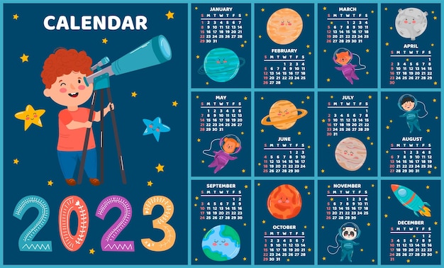 Pianificatore del calendario spaziale 2023 pianificazione settimanale oggetti spaziali pianeti la settimana inizia di domenica