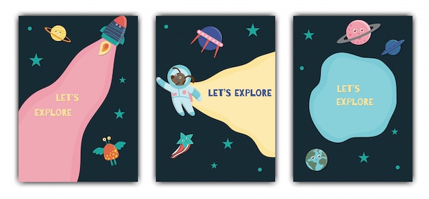 우주 카드 템플릿입니다. 어린이 갤럭시, 별, 우주 비행사, 외계인, 행성, 우주선 카드. 귀여운 평면 그림