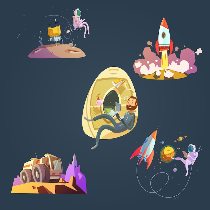 Vector space cartoon set with spaceship cosmonaut and planet isolated vector illustration 