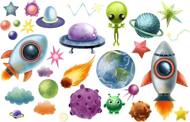 Vector space clipart set of rocket starship stars satellite planets ufo alien camet meteorite