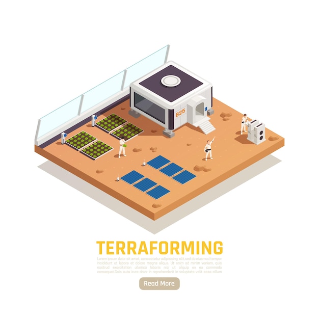 Space colonization isometric banner with people and garden beds with solar batteries and living module