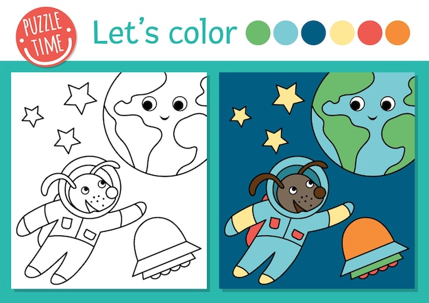 Space coloring page for children Cute funny astronaut dog with earth stars UFO Vector Astronomy outline illustration with solar system Cosmos color book for kids with colored examplexA