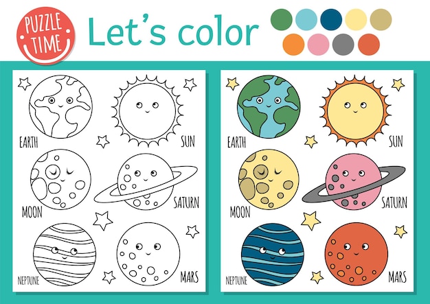 Space coloring page for children Cute funny kawaii planets Earth moon Sun Vector Astronomy outline illustration with solar system Cosmos color book for kids with colored examplexA