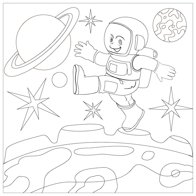 Space coloring page for kids printable premium vector