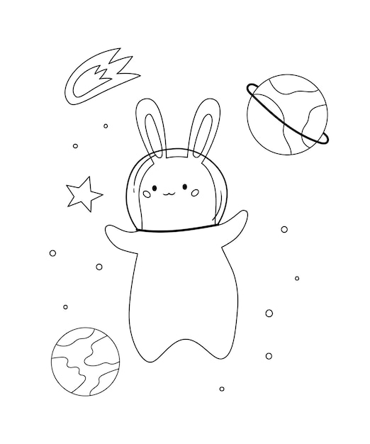 かわいい漫画のバニーの惑星と星のある宇宙ぬりえ