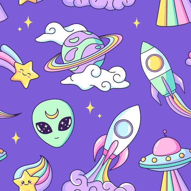 Space cosmic planets rockets ufo seamless pattern background Cartoon vector drawing