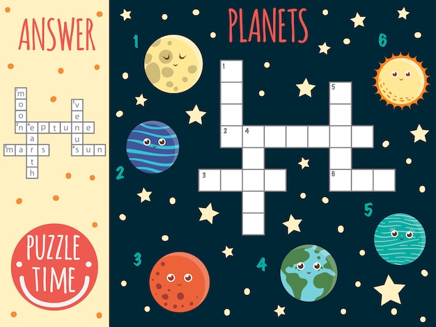  space crossword. Bright and colorful quiz for children. Puzzle activity with planets, Moon, Neptune, Earth, Mars, Venus, Sun.