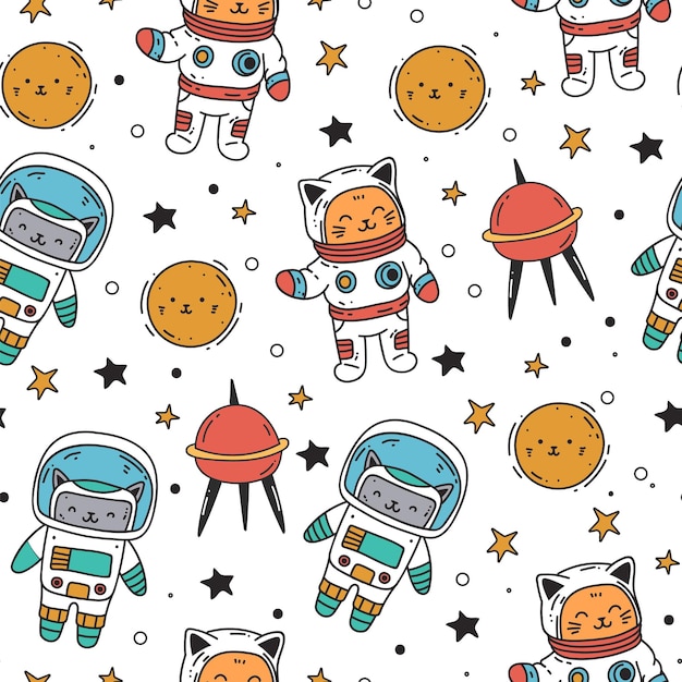 Space cute cat pet animal astronaut galaxy seamless pattern concept