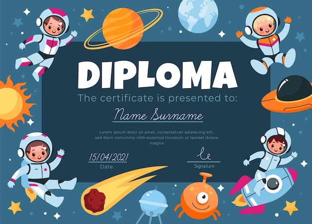 Space diploma Happy kids astronauts fly around info frame children school certificate cosmic style Colorful meteor sun and rocket Printable template for preschool graduation vector cartoon concept