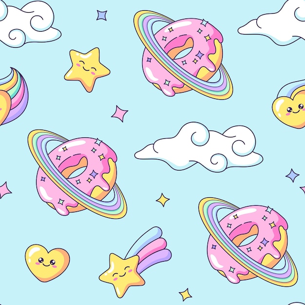 Vector space donut doughnut planet rainbow rings seamless pattern background cartoon drawing illustration