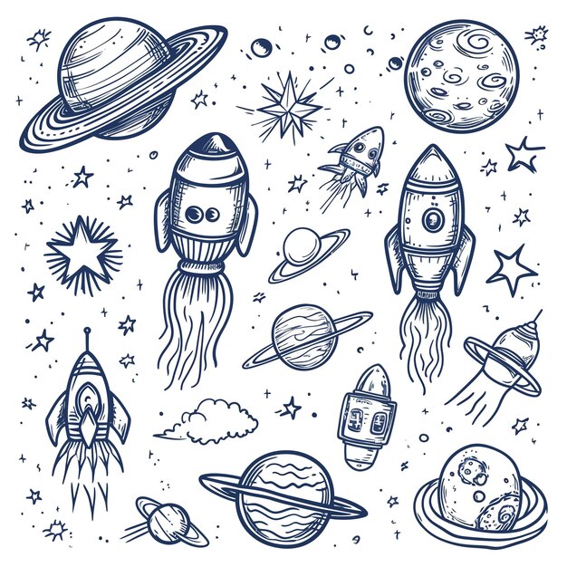 Vettore space_doodle_icon_setcosmos_hand_drawn_vector