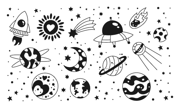 Vetor de Outer space vector objects and writings. Alien, ufo, planets,  comet, satellite, solar system, meteorite, stars, rocket and other space  icons. Cute, simple black outlined, hand drawn galaxy set. do Stock