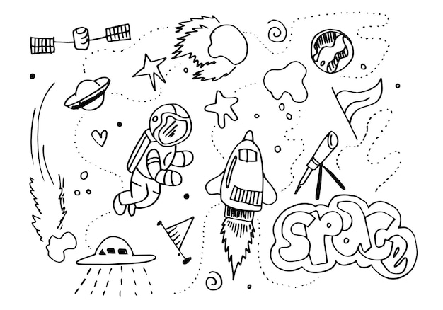 Vector space doodle vector elementshand draw set of space icon on white background