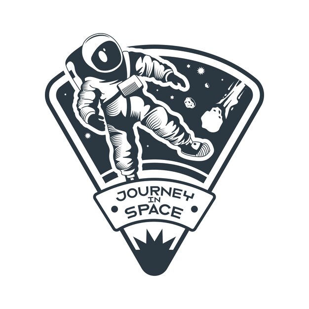 Space emblem monochrome composition with text and character of walking astronaut in spacesuit vector illustration