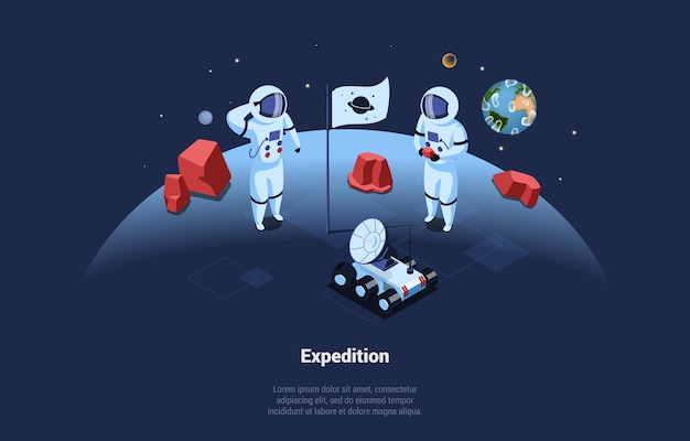 Space expedition illustration in cartoon 3d style
