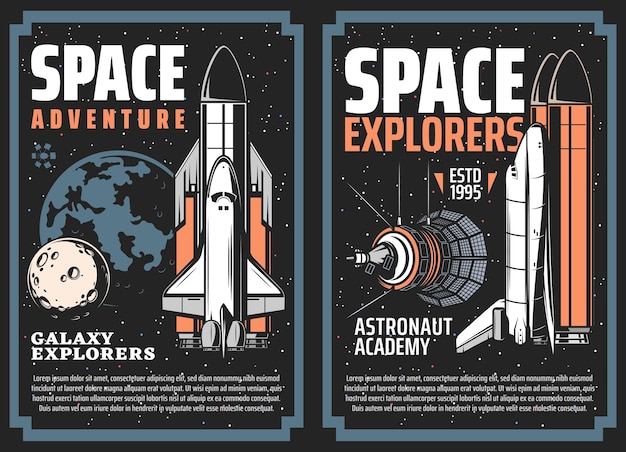 Vector space exploration adventure retro  posters. space shuttle orbiter with rocket boosters, planet earth and moon, satellite or spacecraft among stars. galaxy research astronauts mission banner