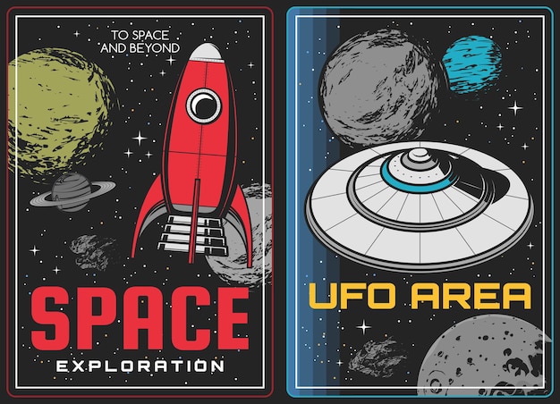 Space exploration and aliens discovery posters. vintage rocket or spaceship and alien flying saucer spacecraft in outer space, moon and saturn, far planers and asteroids vector. galaxy travel banner