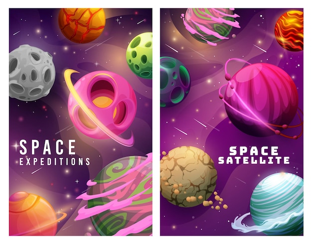 Space exploration, cartoon galaxy planets and stars vector banners. Universe space of alien world, fantasy planets with satellites and asteroids, craters and cracks, fire, cloud and rock orbit rings