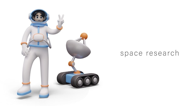 Vector space exploration concept astronaut in spacesuit stands next to rover and shows two fingers