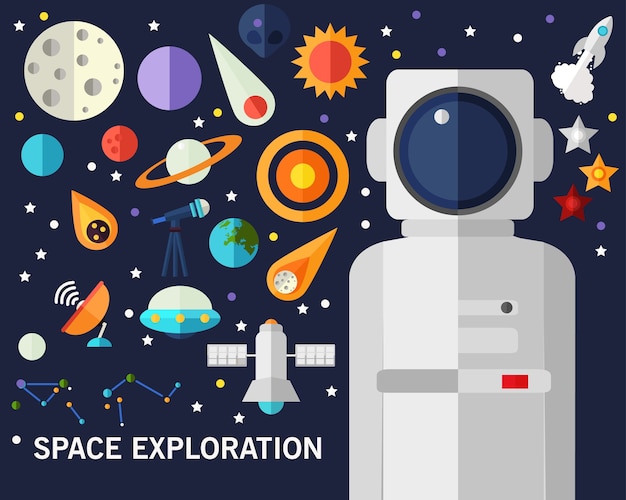 Space exploration concept background. Flat icons.