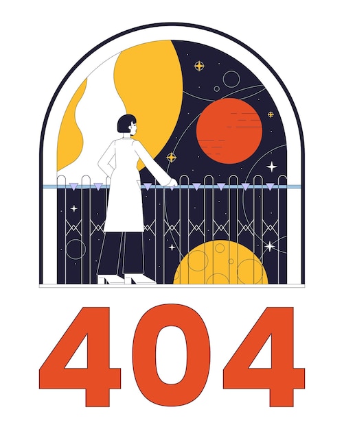 Space exploration error 404 flash message Woman looking on universe through window Empty state ui design Page not found popup cartoon image Vector flat illustration concept on white background